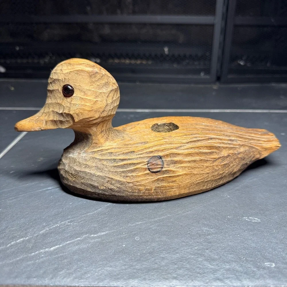 Vintage Hand Carved Wooden Duck Decoy Candle Holder Rustic Waterfowl Figurine 9